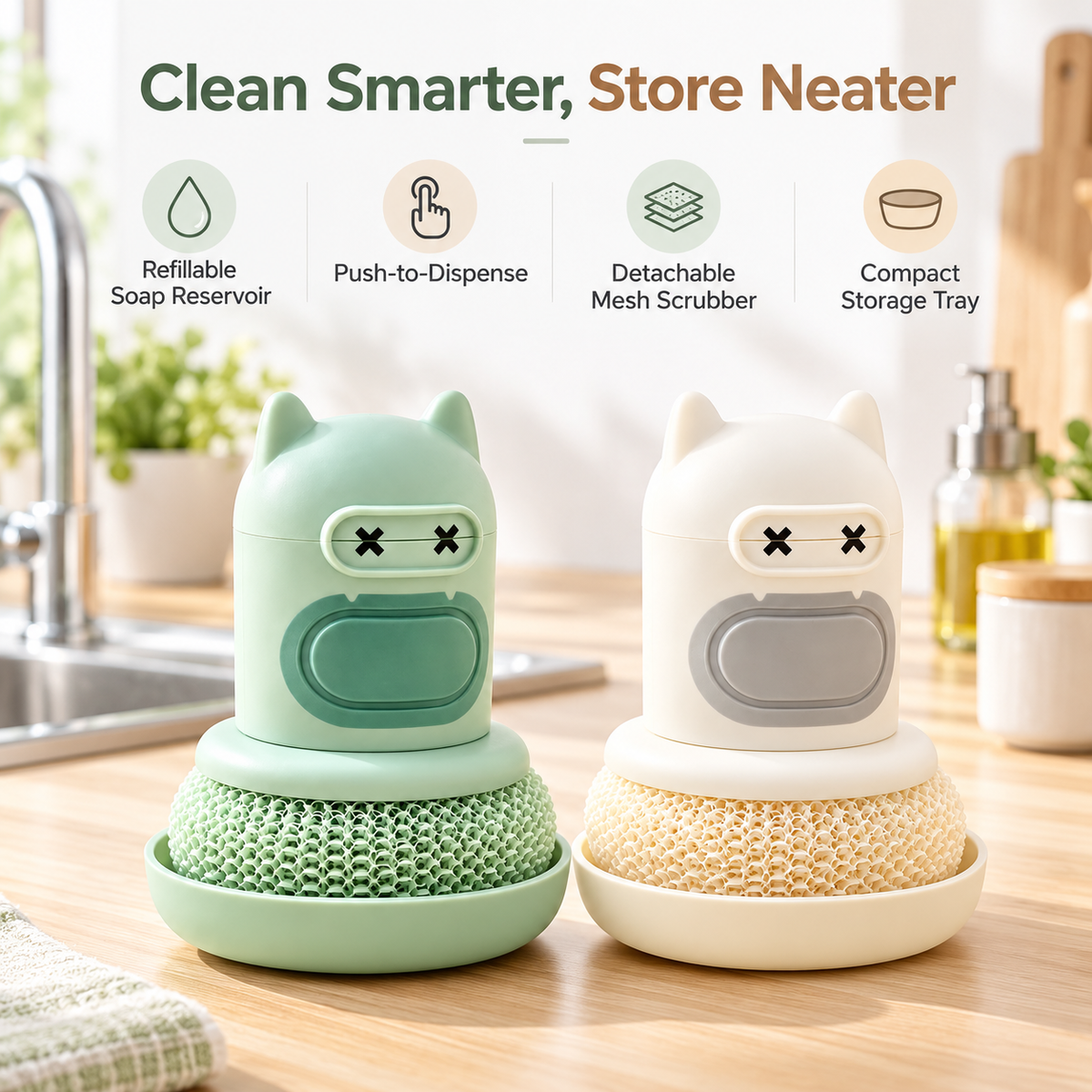 Cute Cartoon Push-Type Pot Cleaning Brush with Automatic Soap Dispenser – Effective Scrubber for Grease and Grime