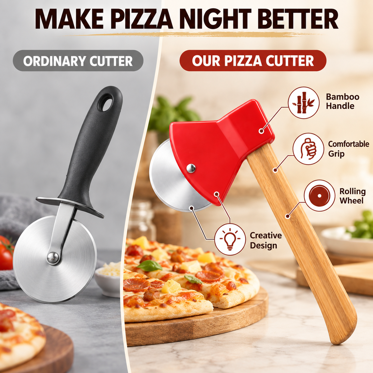 Pizza Cutter – Axe-Style Cutter with Bamboo Handle – Creative Kitchen Tool – Baking Cutter