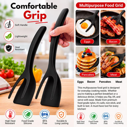 🍳Non-Stick 2-in-1 Grip & Flip Kitchen Tongs for Pancakes, Fish, Eggs, and More – Heat Resistant Cooking Tool (Black)