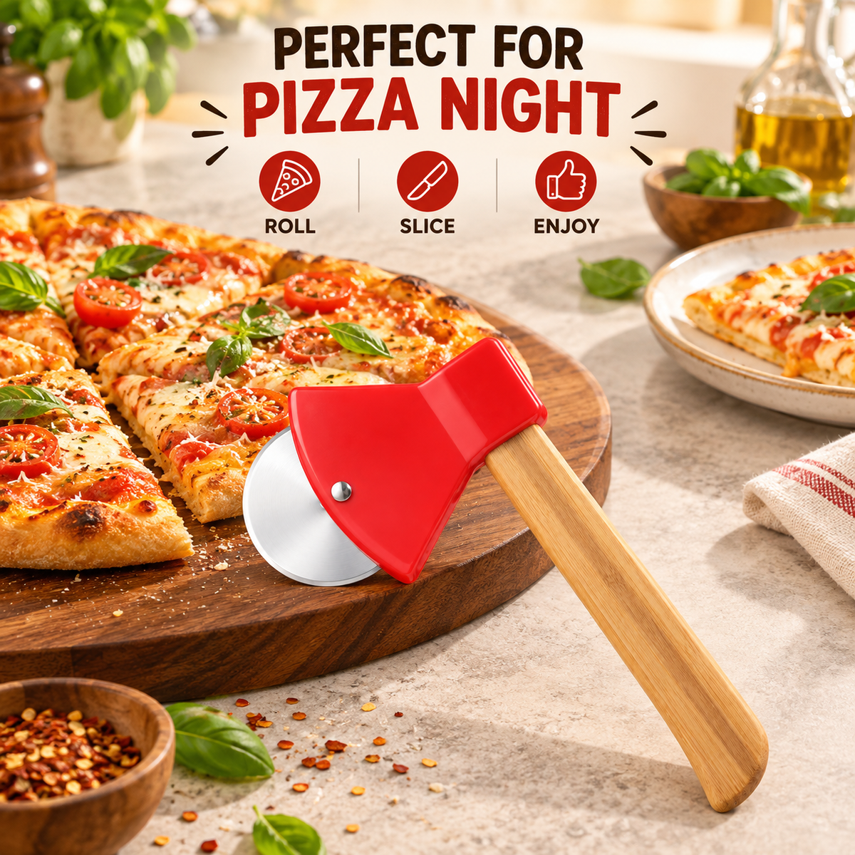 Pizza Cutter – Axe-Style Cutter with Bamboo Handle – Creative Kitchen Tool – Baking Cutter