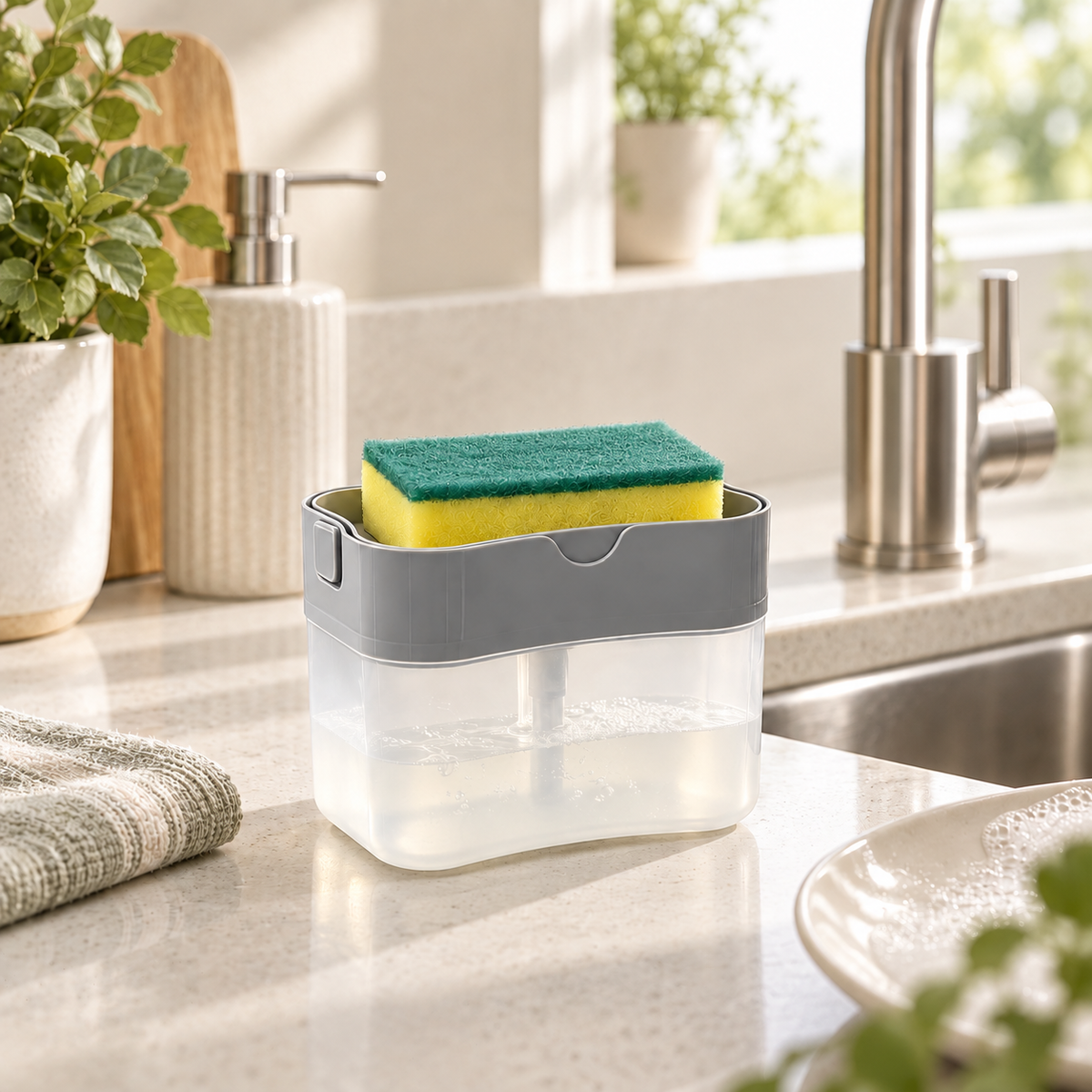 Press-to-Dispense Kitchen Sponge Holder
