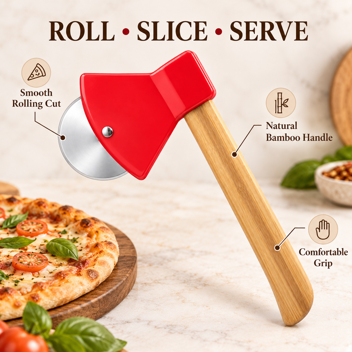 Pizza Cutter – Axe-Style Cutter with Bamboo Handle – Creative Kitchen Tool – Baking Cutter