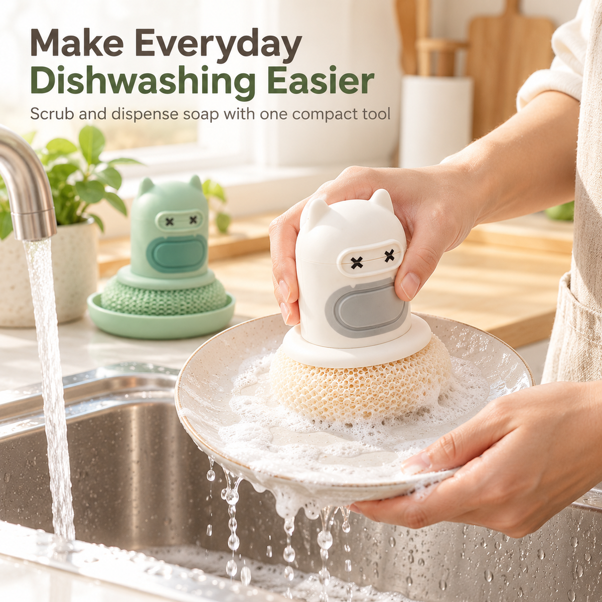 Cute Cartoon Push-Type Pot Cleaning Brush with Automatic Soap Dispenser – Effective Scrubber for Grease and Grime