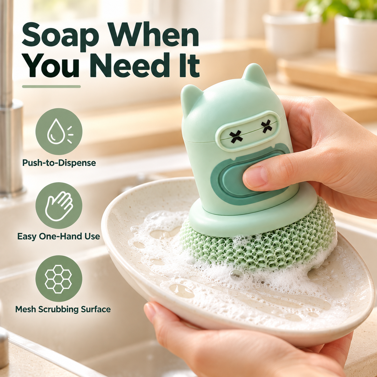 Cute Cartoon Push-Type Pot Cleaning Brush with Automatic Soap Dispenser – Effective Scrubber for Grease and Grime